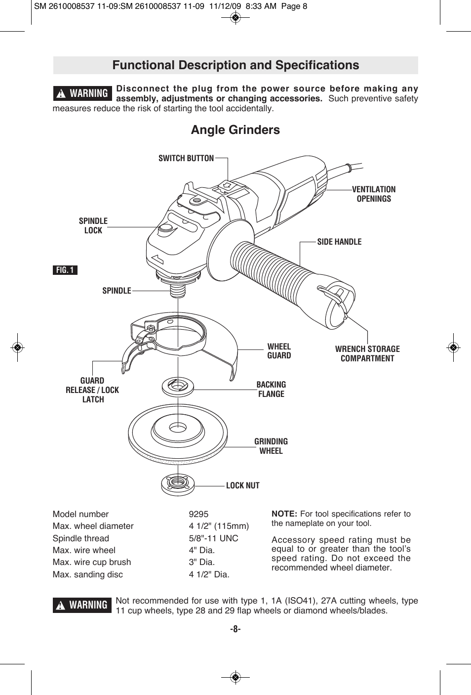 Functional description and specifications, Angle grinders | Skil 9295 User Manual | Page 8 / 44