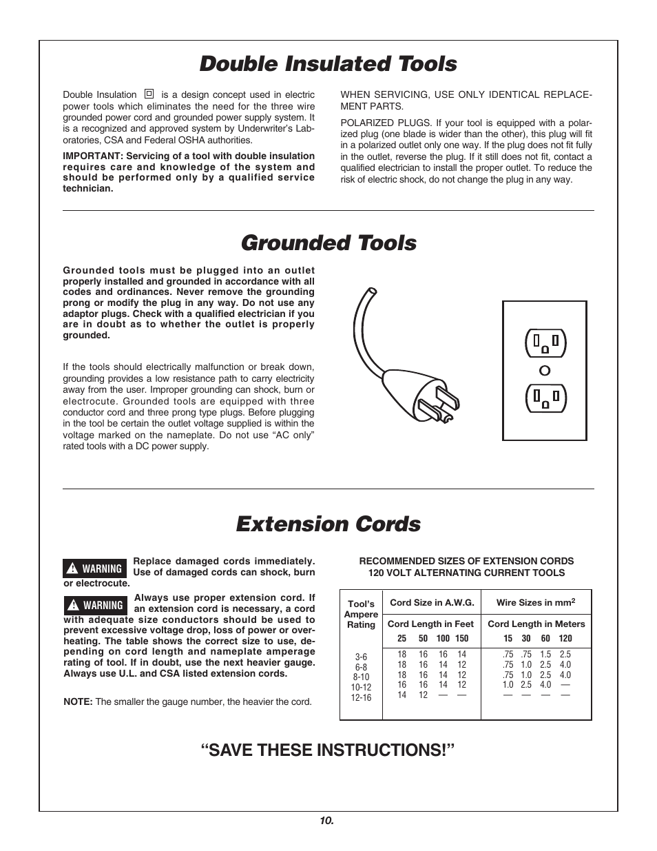 Double insulated tools extension cords, Grounded tools, Save these instructions | Skil 3700 User Manual | Page 10 / 112