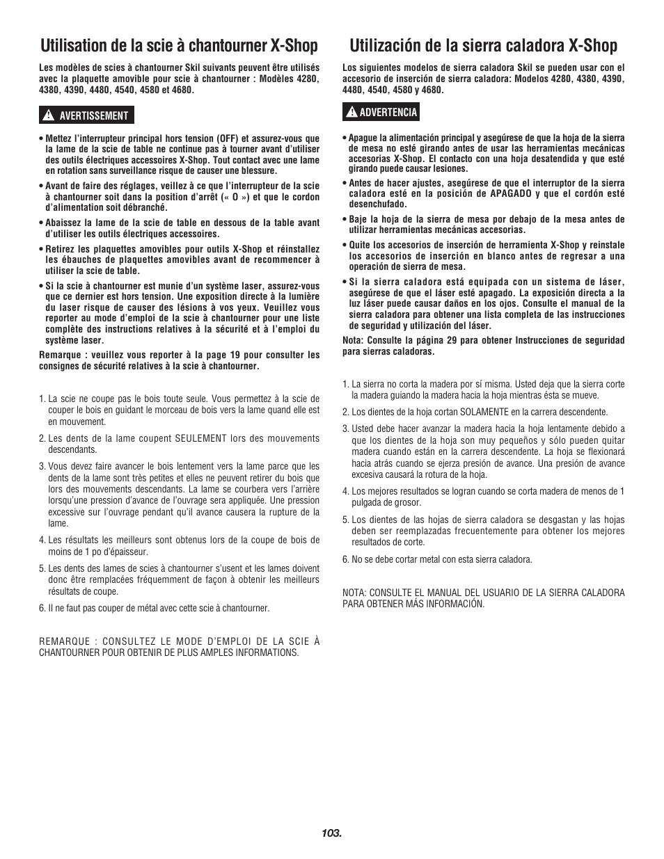 Utilización de la sierra caladora x-shop, Utilisation de la scie à chantourner x-shop | Skil 3700 User Manual | Page 103 / 112