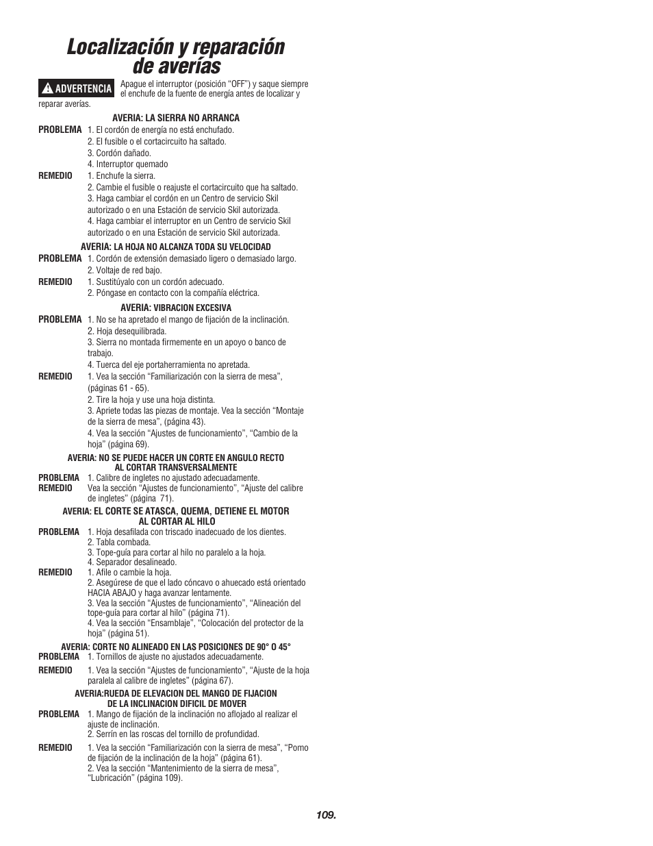 Localización y reparación de averías | Skil 3700 User Manual | Page 109 / 112