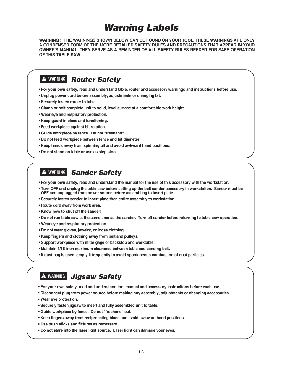 Warning labels, Router safety, Sander safety | Jigsaw safety | Skil 3700 User Manual | Page 11 / 112