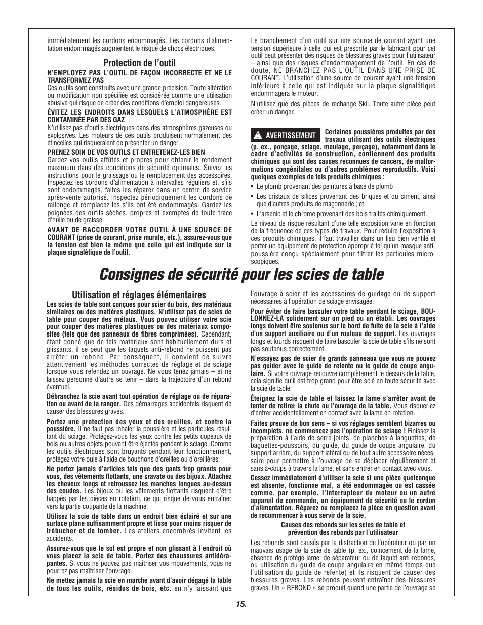 Consignes de sécurité pour les scies de table | Skil 3700 User Manual | Page 15 / 112