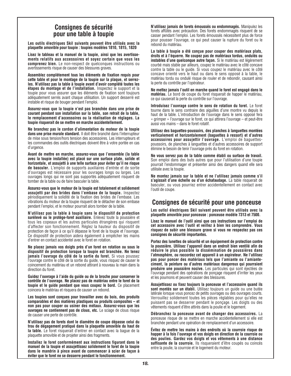 Consignes de sécurité pour une table à toupie, Consignes de sécurité pour une ponceuse | Skil 3700 User Manual | Page 18 / 112