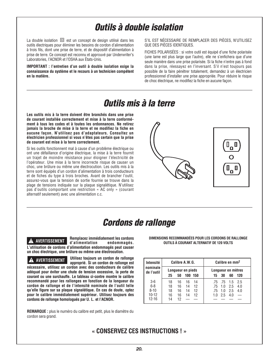 Outils à double isolation cordons de rallonge, Outils mis à la terre, Conservez ces instructions | Skil 3700 User Manual | Page 20 / 112