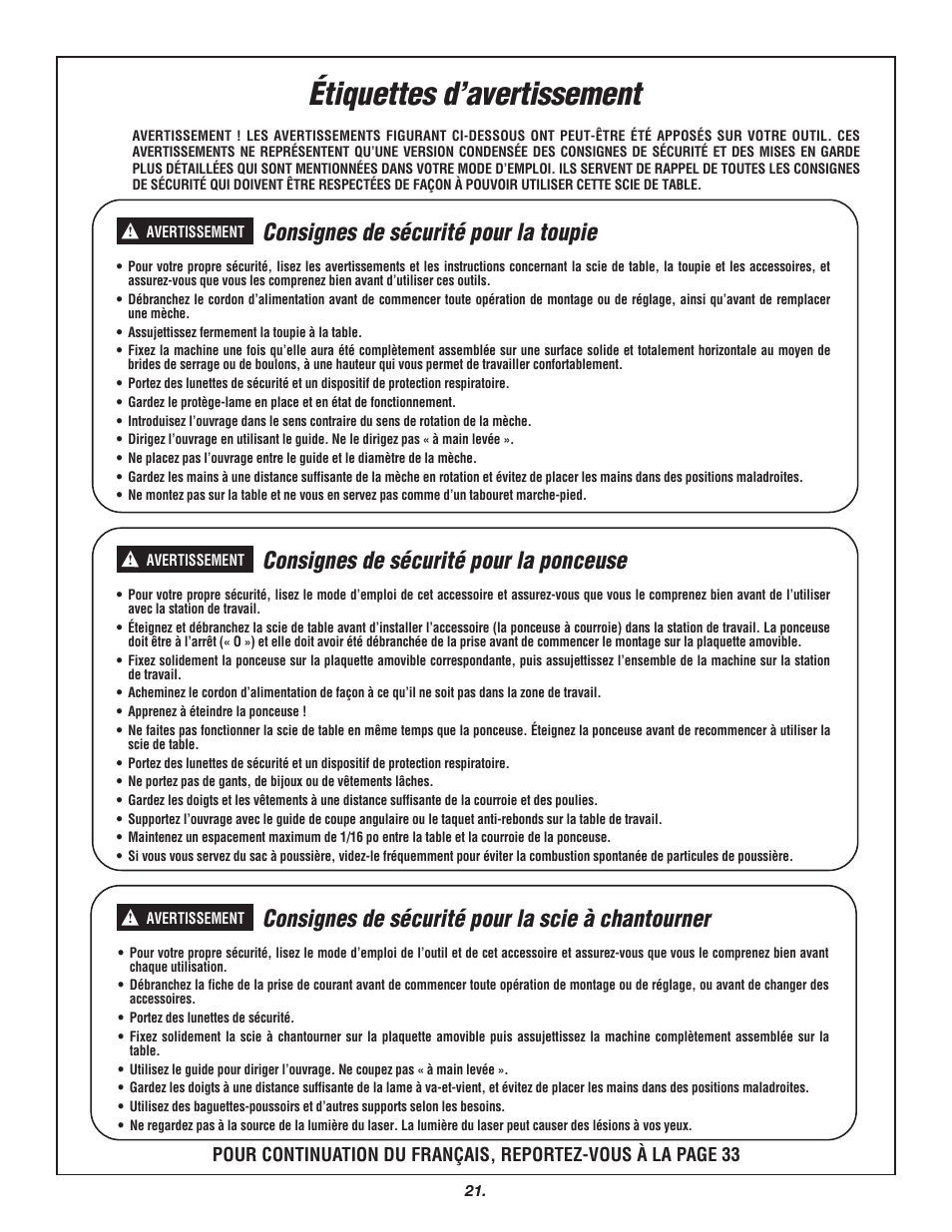 Étiquettes d’avertissement, Consignes de sécurité pour la toupie, Consignes de sécurité pour la ponceuse | Consignes de sécurité pour la scie à chantourner | Skil 3700 User Manual | Page 21 / 112