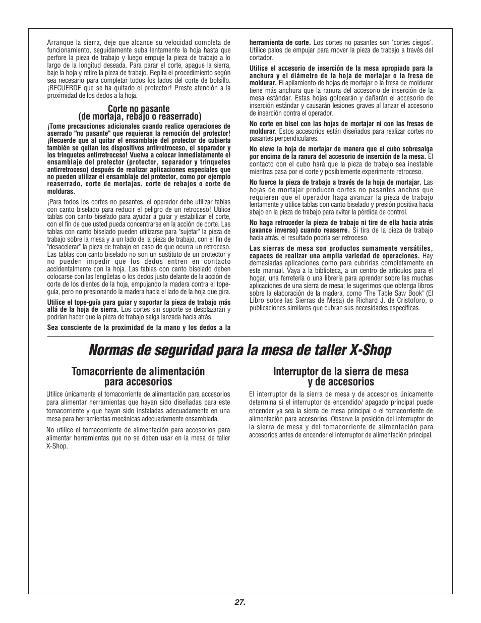 Normas de seguridad para la mesa de taller x-shop, Tomacorriente de alimentación para accesorios, Interruptor de la sierra de mesa y de accesorios | Skil 3700 User Manual | Page 27 / 112