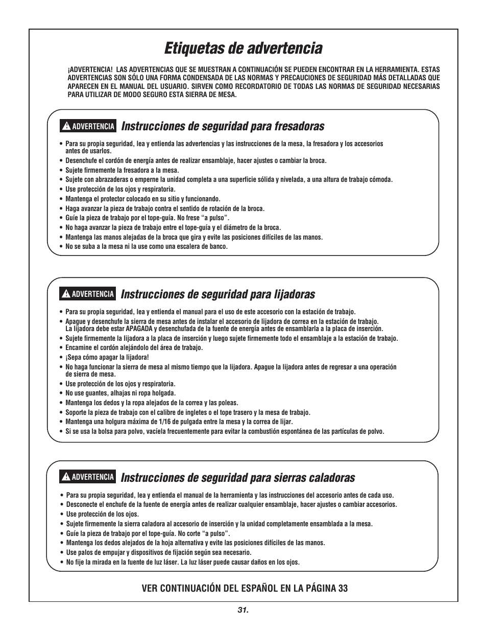 Etiquetas de advertencia, Instrucciones de seguridad para fresadoras, Instrucciones de seguridad para lijadoras | Instrucciones de seguridad para sierras caladoras | Skil 3700 User Manual | Page 31 / 112