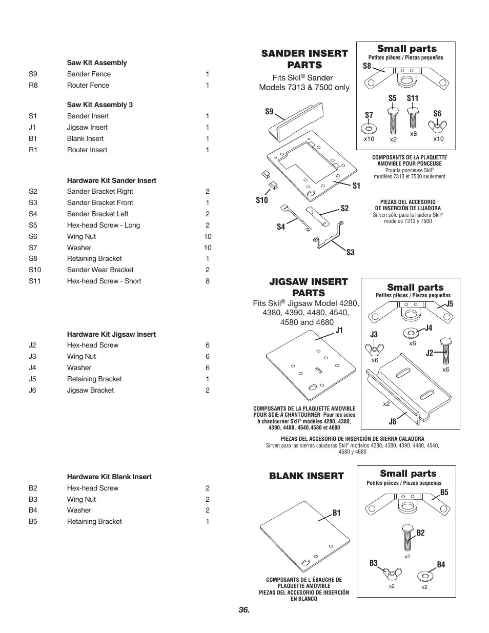 Jigsaw insert parts, Small parts, Small parts blank insert | Skil 3700 User Manual | Page 36 / 112