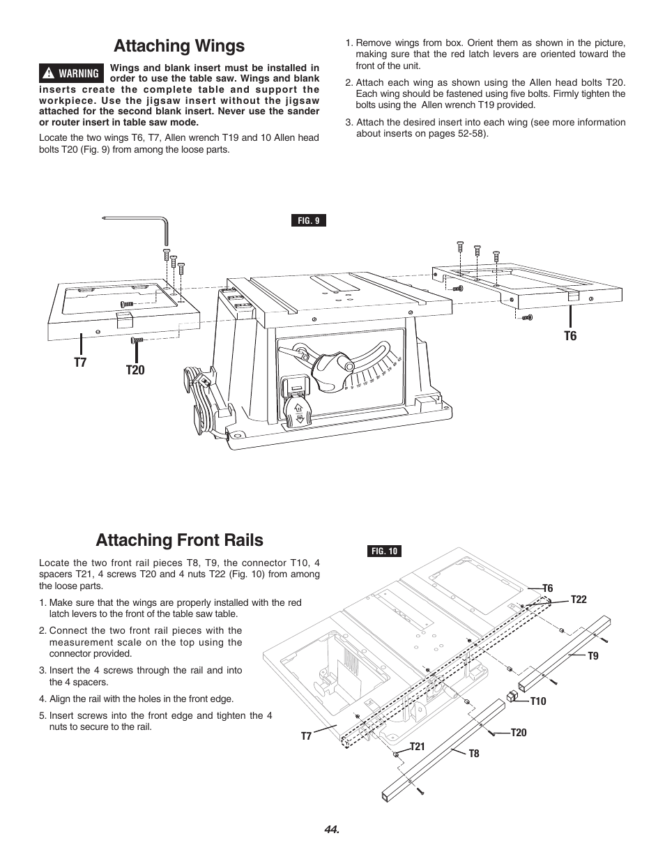 Attaching front rails, Attaching wings, T6 t7 t20 | Skil 3700 User Manual | Page 44 / 112