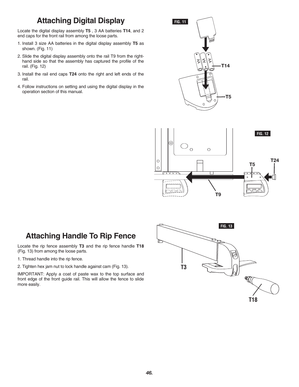 Attaching digital display, Attaching handle to rip fence | Skil 3700 User Manual | Page 46 / 112