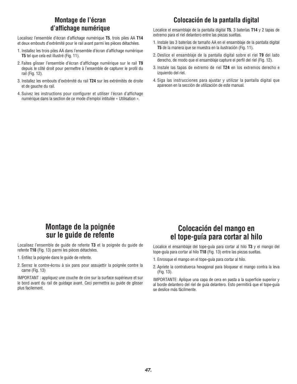 Montage de la poignée sur le guide de refente, Montage de l’écran d’affichage numérique, Colocación de la pantalla digital | Skil 3700 User Manual | Page 47 / 112