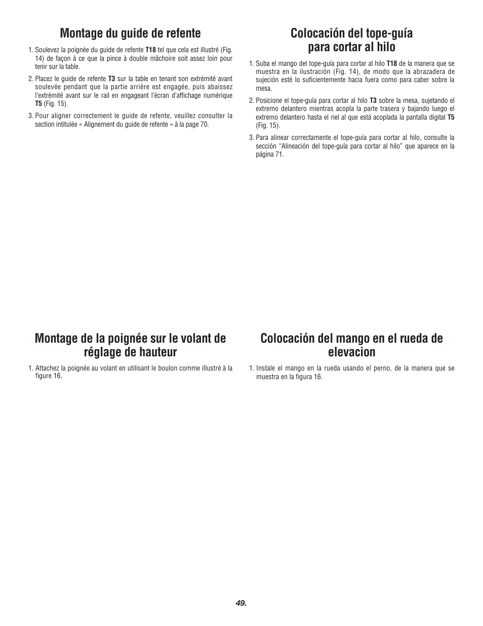 Montage du guide de refente, Colocación del tope-guía para cortar al hilo, Colocación del mango en el rueda de elevacion | Skil 3700 User Manual | Page 49 / 112