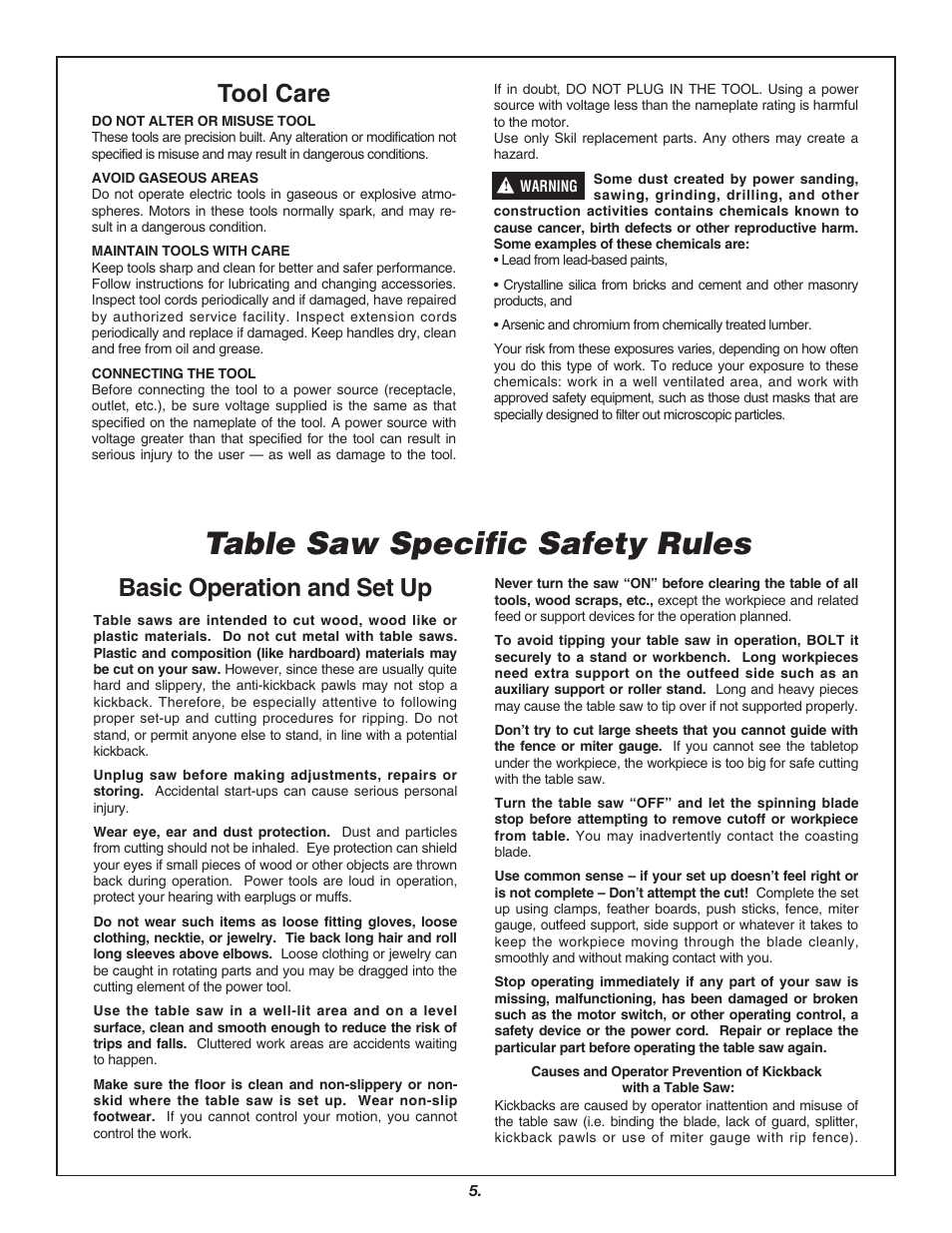 Table saw specific safety rules, Basic operation and set up, Tool care | Skil 3700 User Manual | Page 5 / 112