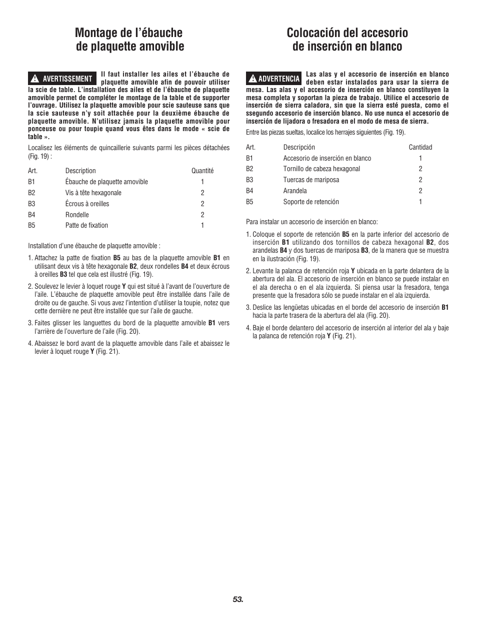 Montage de l’ébauche de plaquette amovible, Colocación del accesorio de inserción en blanco | Skil 3700 User Manual | Page 53 / 112