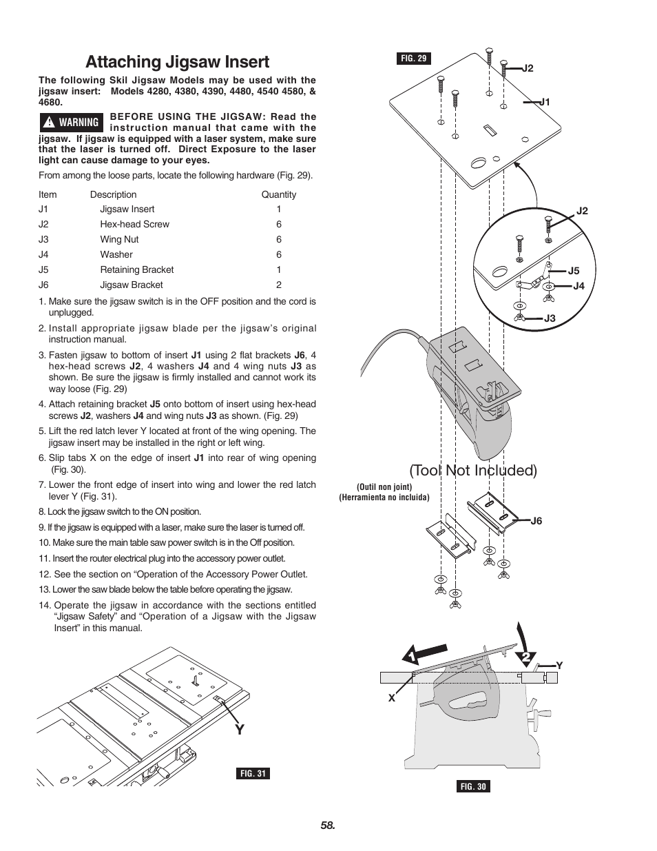 Attaching jigsaw insert, Tool not included) | Skil 3700 User Manual | Page 58 / 112