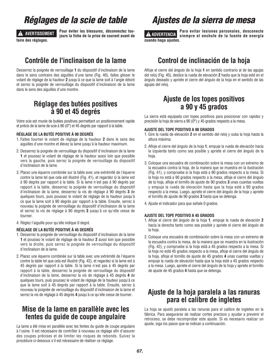 Réglages de la scie de table, Ajustes de la sierra de mesa, Contrôle de l'inclinaison de la lame | Réglage des butées positives à 90 et 45 degrés, Control de inclinación de la hoja, Ajuste de los topes positivos a 90 y 45 grados | Skil 3700 User Manual | Page 67 / 112