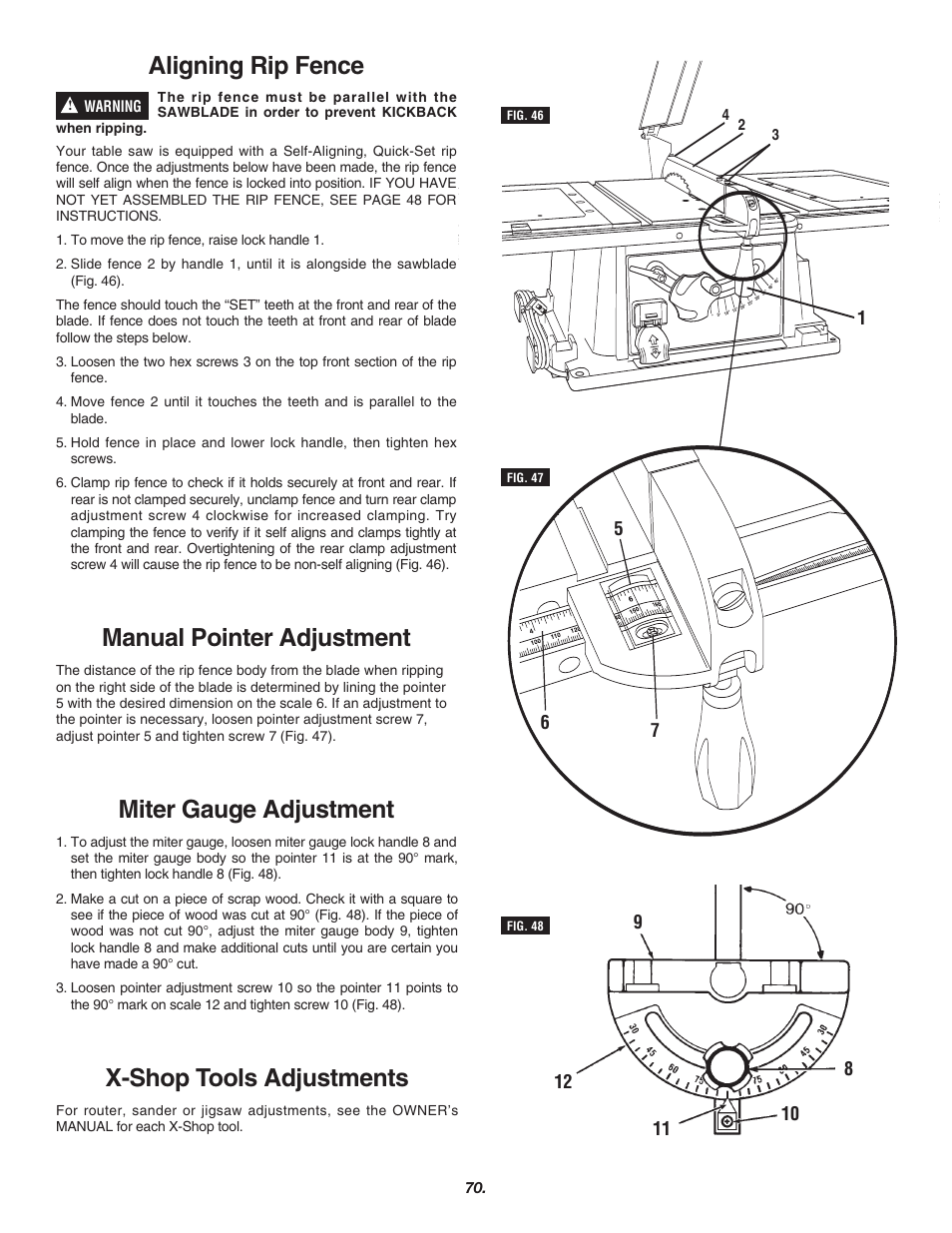 Aligning rip fence, Manual pointer adjustment, Miter gauge adjustment | X-shop tools adjustments | Skil 3700 User Manual | Page 70 / 112