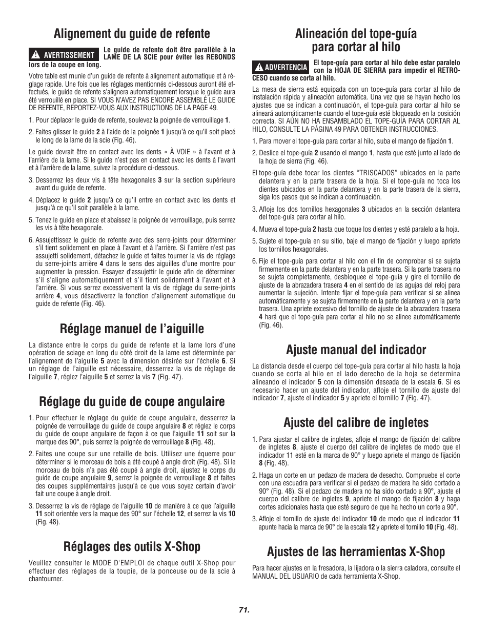 Alignement du guide de refente, Réglage manuel de l’aiguille, Réglage du guide de coupe angulaire | Réglages des outils x-shop, Alineación del tope-guía para cortar al hilo, Ajuste manual del indicador, Ajuste del calibre de ingletes, Ajustes de las herramientas x-shop | Skil 3700 User Manual | Page 71 / 112