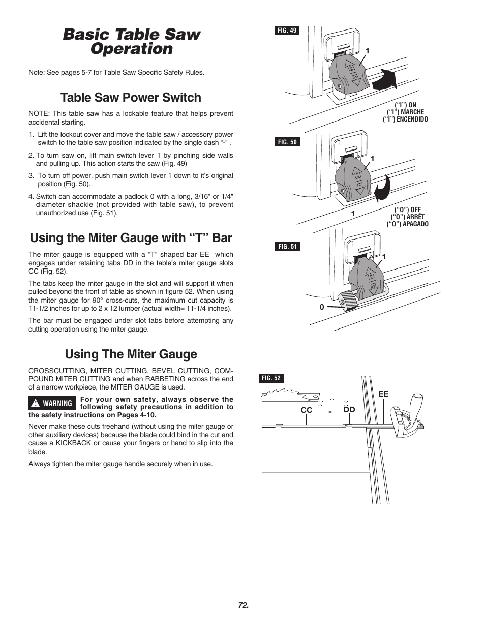 Basic table saw operation, Table saw power switch, Using the miter gauge with “t” bar | Using the miter gauge | Skil 3700 User Manual | Page 72 / 112