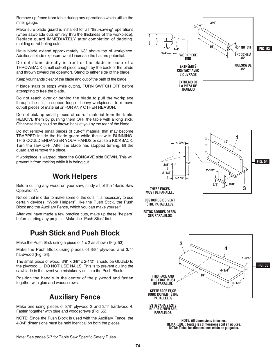 Work helpers, Push stick and push block, Auxiliary fence | Skil 3700 User Manual | Page 74 / 112