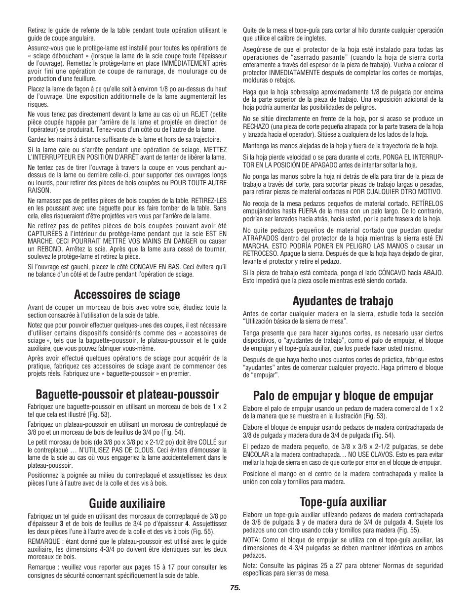 Accessoires de sciage, Baguette-poussoir et plateau-poussoir, Guide auxiliaire | Ayudantes de trabajo, Palo de empujar y bloque de empujar, Tope-guía auxiliar | Skil 3700 User Manual | Page 75 / 112