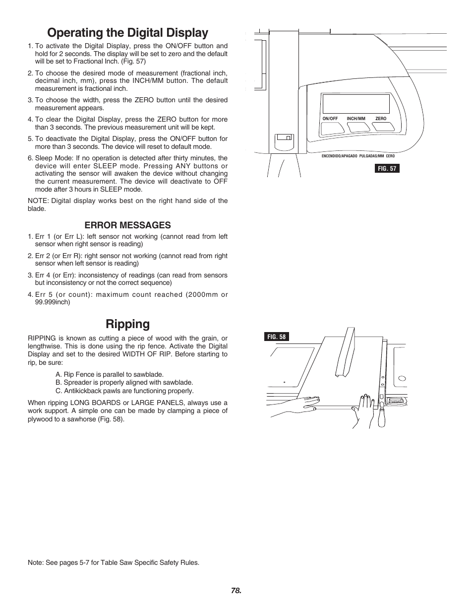 Operating the digital display, Ripping, Error messages | Skil 3700 User Manual | Page 78 / 112