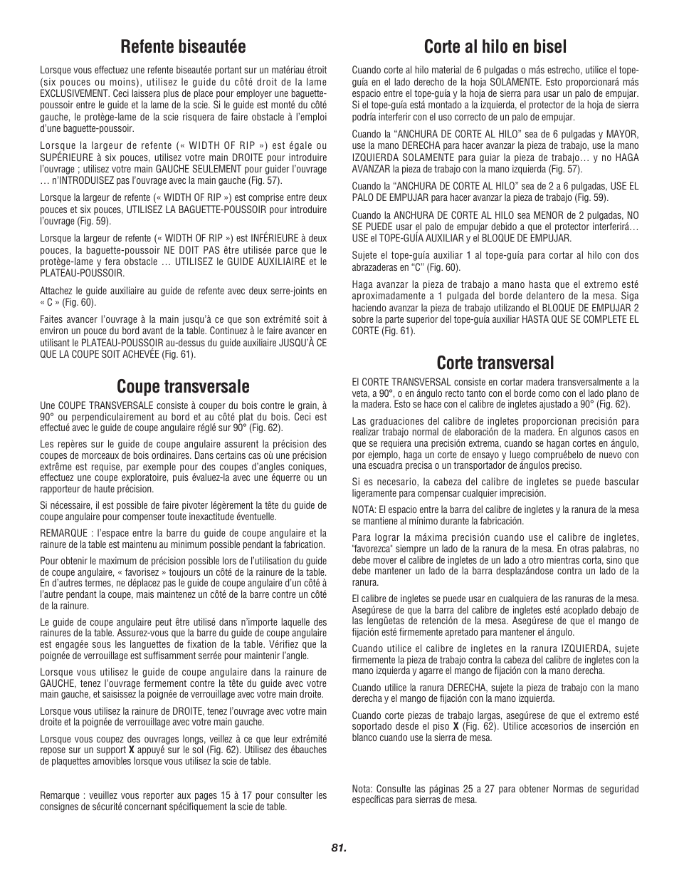 Refente biseautée, Coupe transversale, Corte al hilo en bisel | Corte transversal | Skil 3700 User Manual | Page 81 / 112