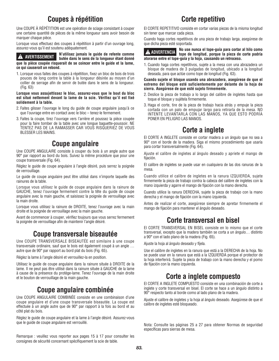 Coupes à répétition, Coupe angulaire, Coupe transversale biseautée | Coupe angulaire combinée, Corte repetitivo, Corte a inglete, Corte transversal en bisel, Corte a inglete compuesto | Skil 3700 User Manual | Page 83 / 112