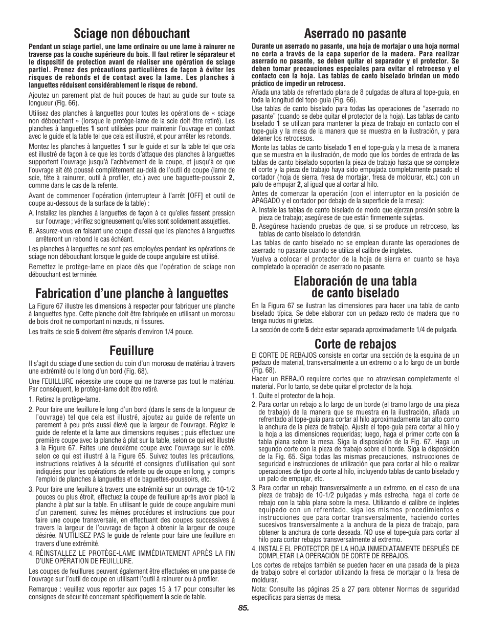 Sciage non débouchant, Fabrication d’une planche à languettes, Feuillure | Aserrado no pasante, Elaboración de una tabla de canto biselado, Corte de rebajos | Skil 3700 User Manual | Page 85 / 112