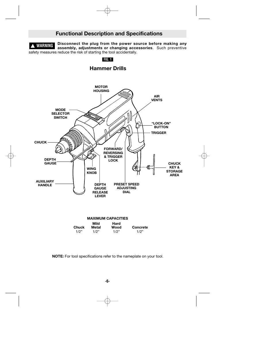 Functional description and specifications, Hammer drills | Skil 6464 User Manual | Page 6 / 32