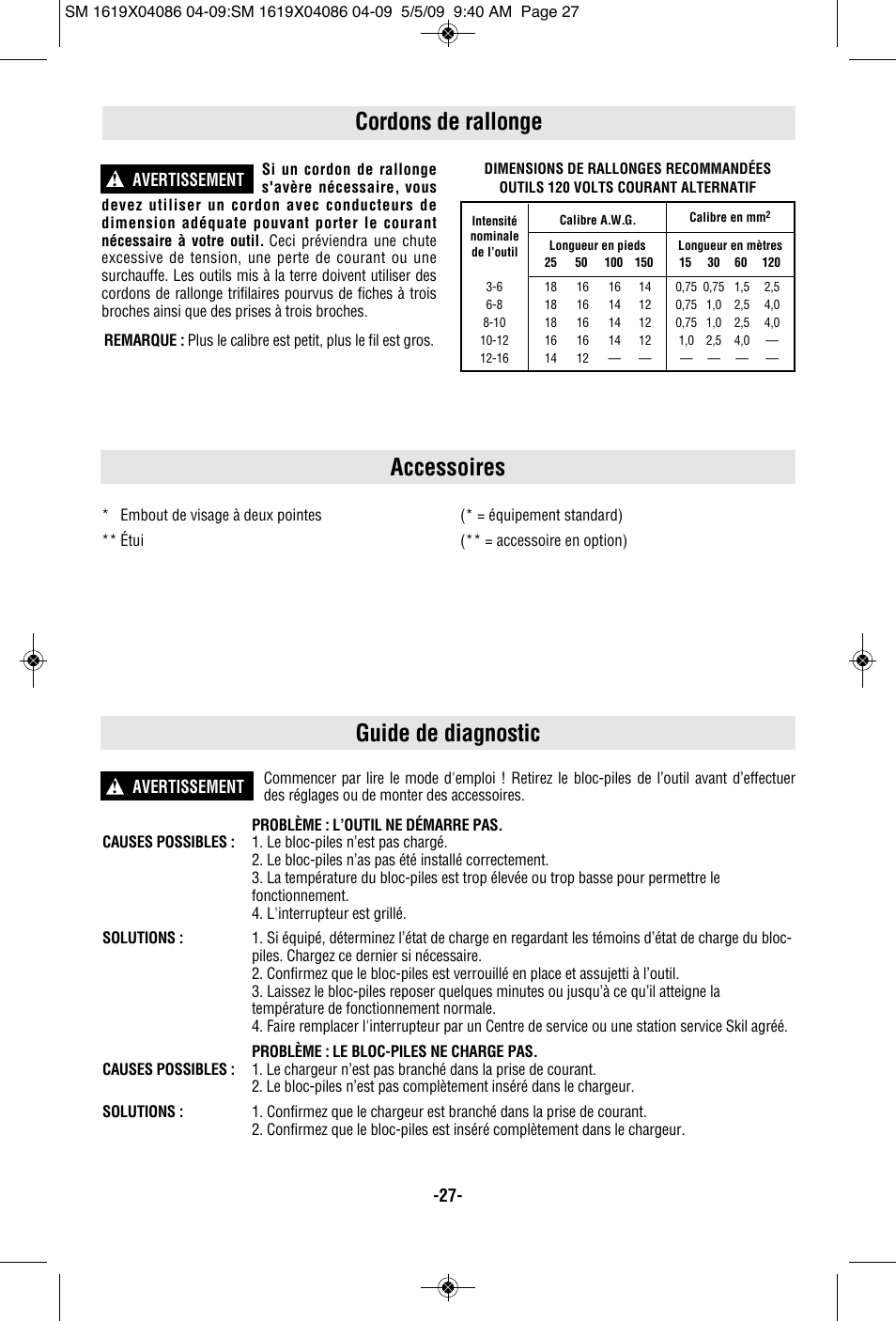 Accessoires cordons de rallonge, Guide de diagnostic, Avertissement | Skil 2250 User Manual | Page 27 / 44