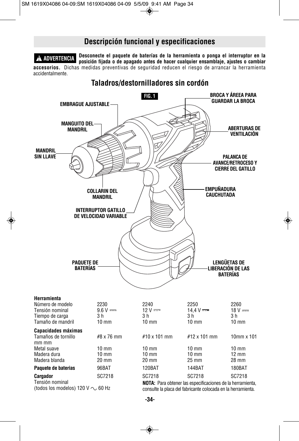 Descripción funcional y especificaciones, Taladros/destornilladores sin cordón | Skil 2250 User Manual | Page 34 / 44