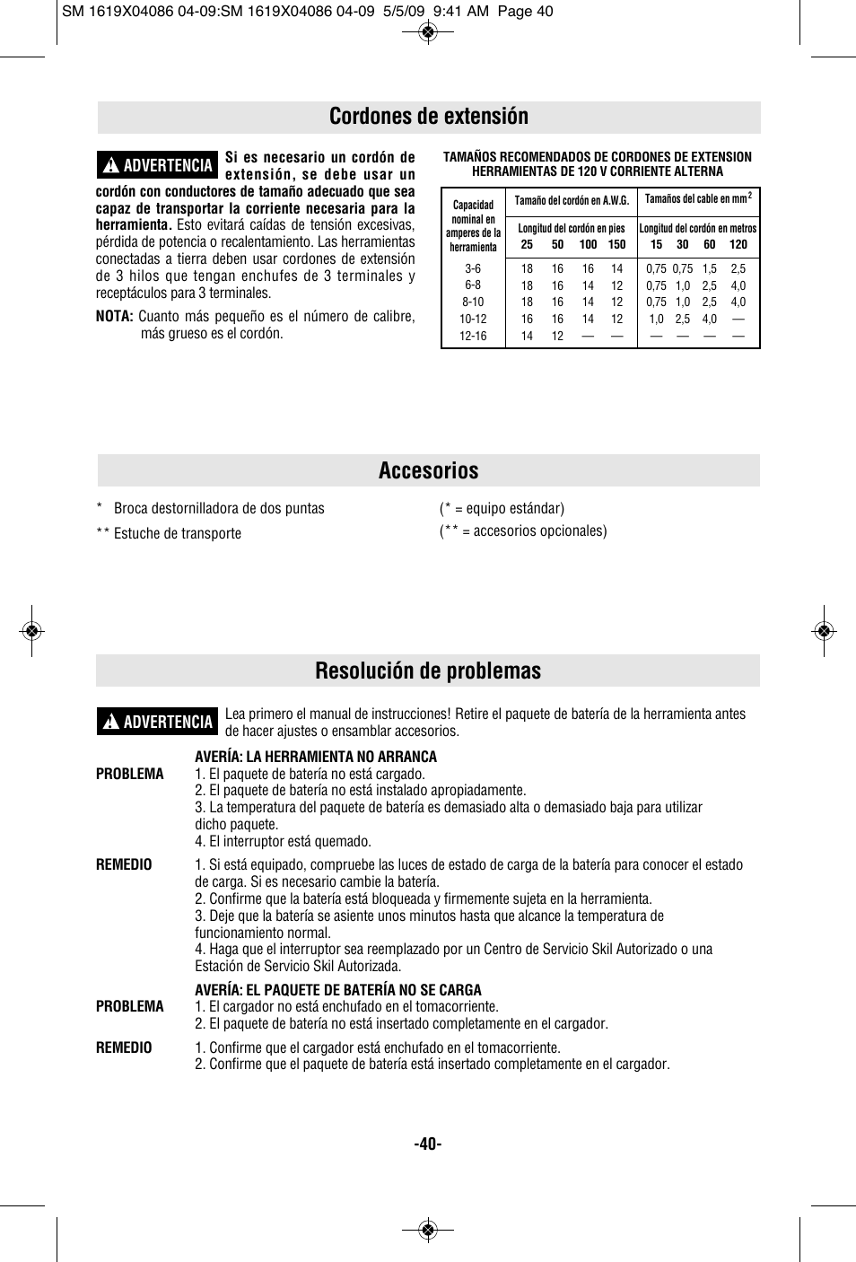 Accesorios, Cordones de extensión, Resolución de problemas | Advertencia | Skil 2250 User Manual | Page 40 / 44