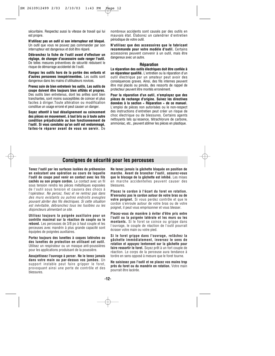 Consignes de sécurité pour les perceuses | Skil 6330 User Manual | Page 12 / 32