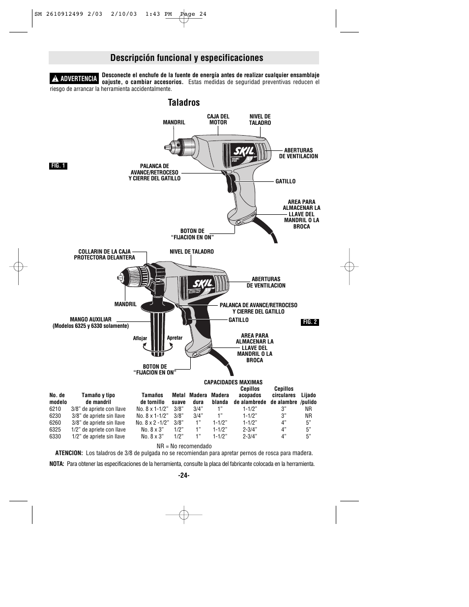 Descripción funcional y especificaciones, Taladros | Skil 6330 User Manual | Page 24 / 32
