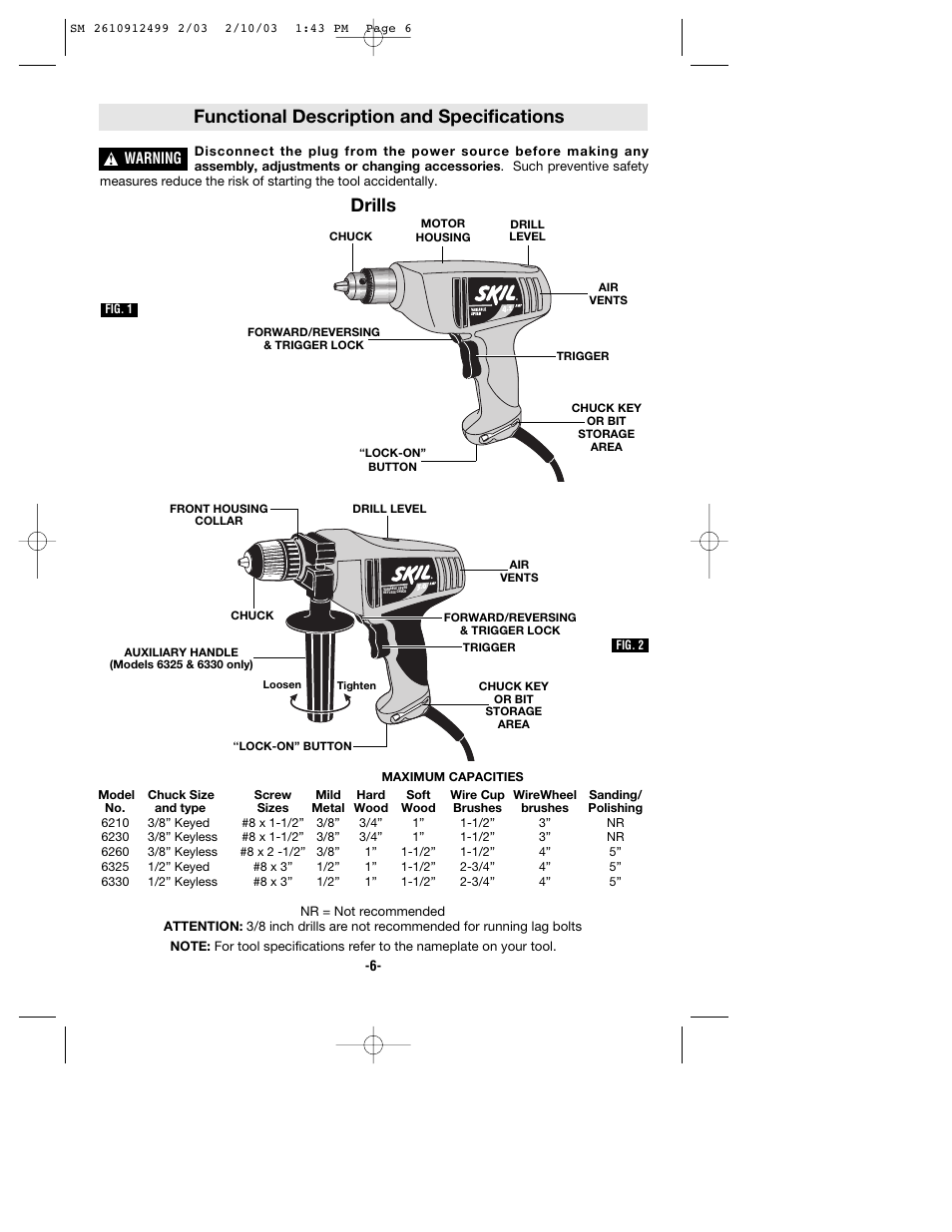 Functional description and specifications, Drills | Skil 6330 User Manual | Page 6 / 32