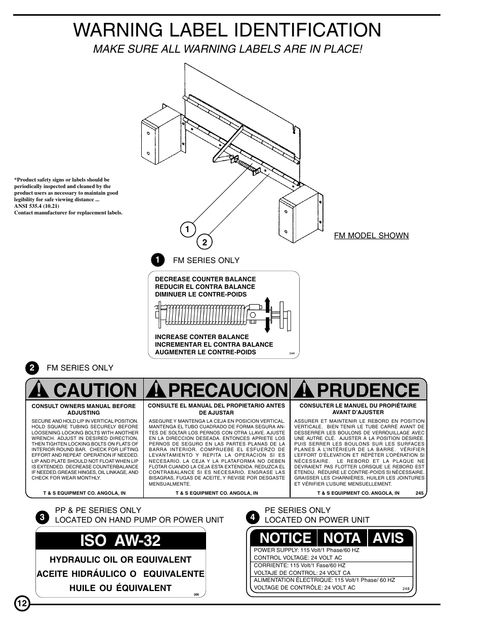Warning label identification, Caution, Precaucion ! prudence | Iso aw-32, Notice nota avis, Make sure all warning labels are in place | Skil FM Series User Manual | Page 12 / 40