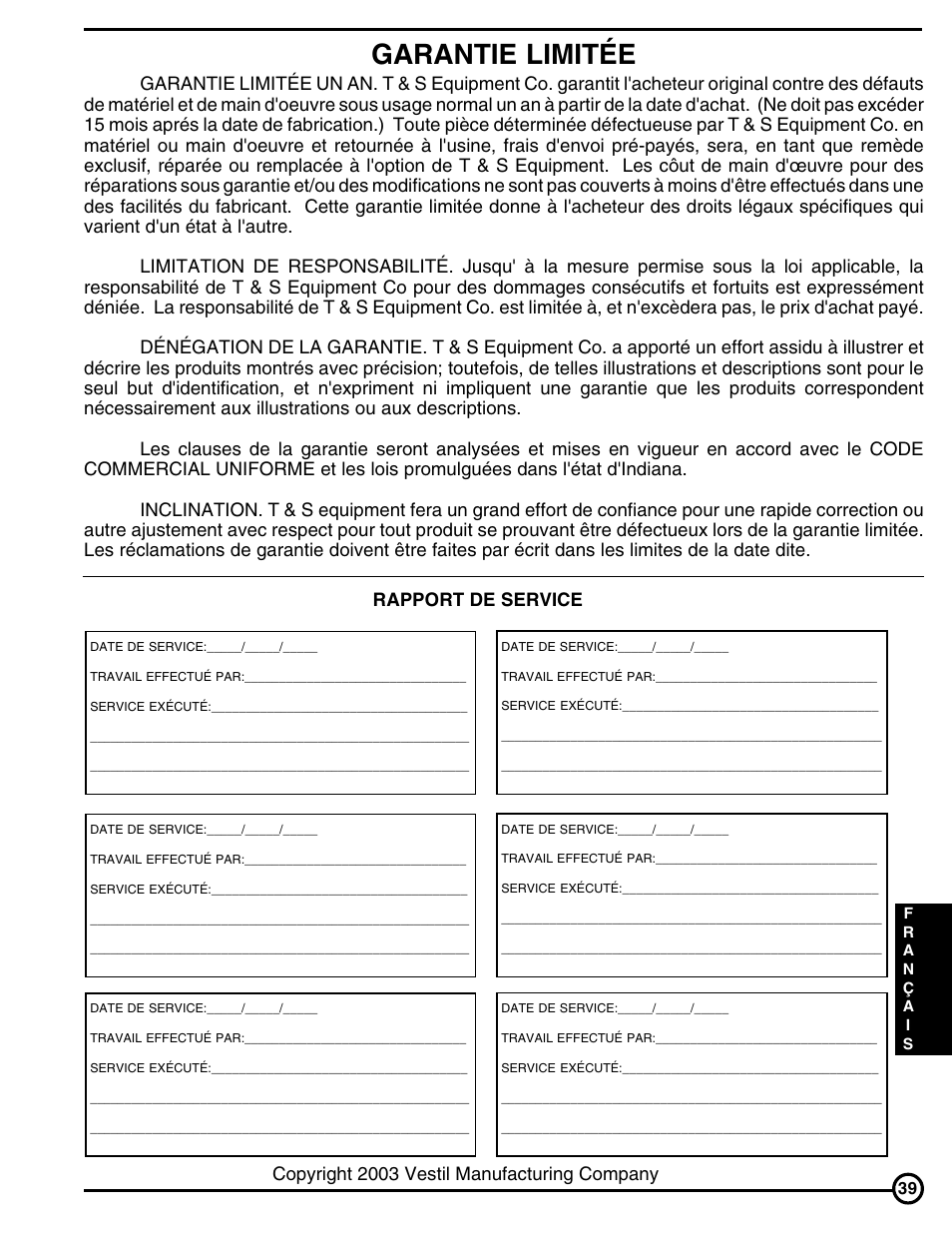 Garantie limitée, Copyright 2003 vestil manufacturing company | Skil FM Series User Manual | Page 39 / 40