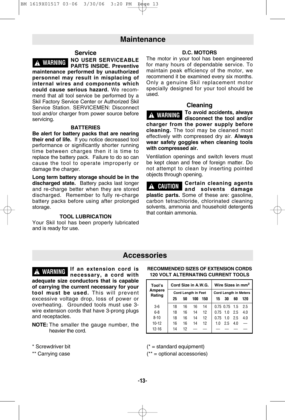 Accessories, Maintenance, Warning service | Cleaning, Warning, Caution | Skil 2867 User Manual | Page 13 / 40