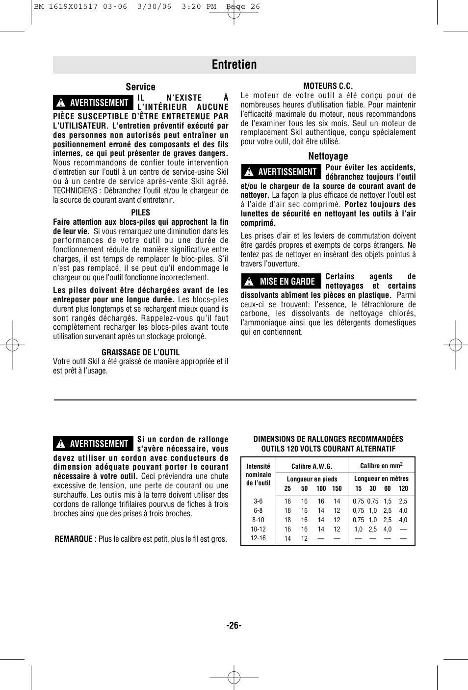 Entretien, Service, Nettoyage | Mise en garde ! avertissement ! avertissement, Avertissement | Skil 2867 User Manual | Page 26 / 40