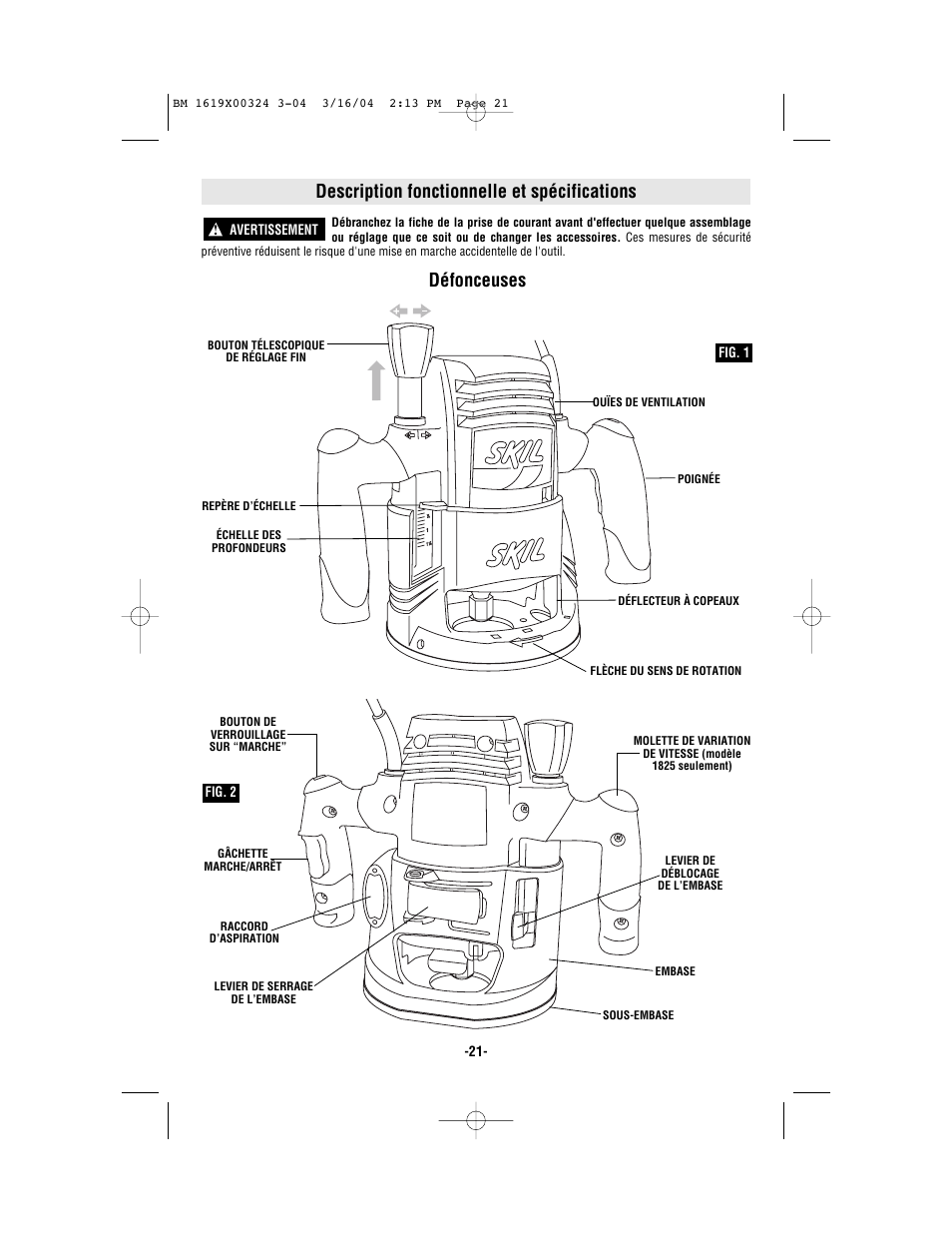 Description fonctionnelle et spécifications, Défonceuses | Skil 1825 User Manual | Page 21 / 48