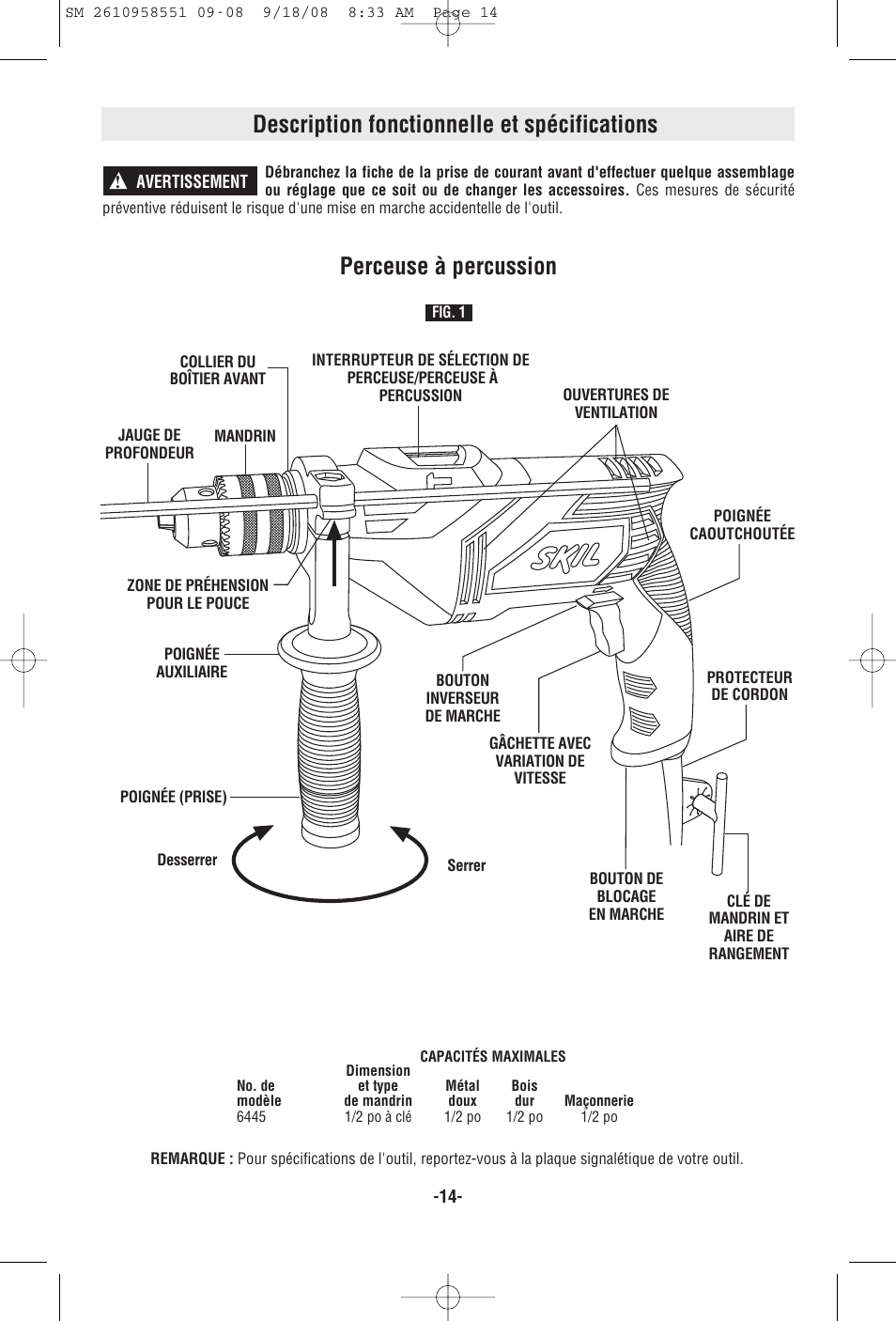 Description fonctionnelle et spécifications, Perceuse à percussion | Skil 6445 User Manual | Page 14 / 28