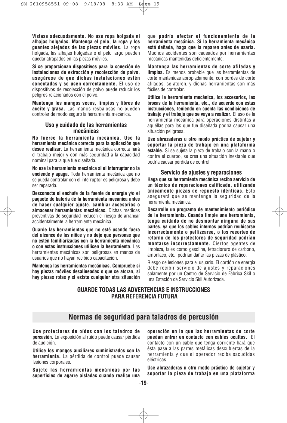 Normas de seguridad para taladros de percusión | Skil 6445 User Manual | Page 19 / 28