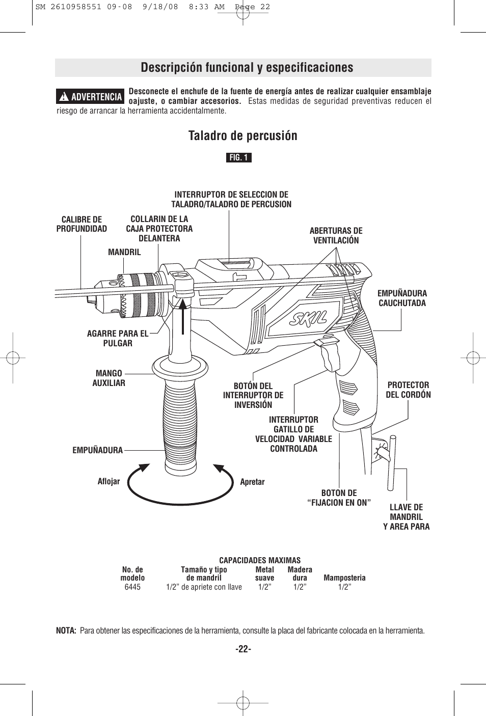 Descripción funcional y especificaciones, Taladro de percusión | Skil 6445 User Manual | Page 22 / 28