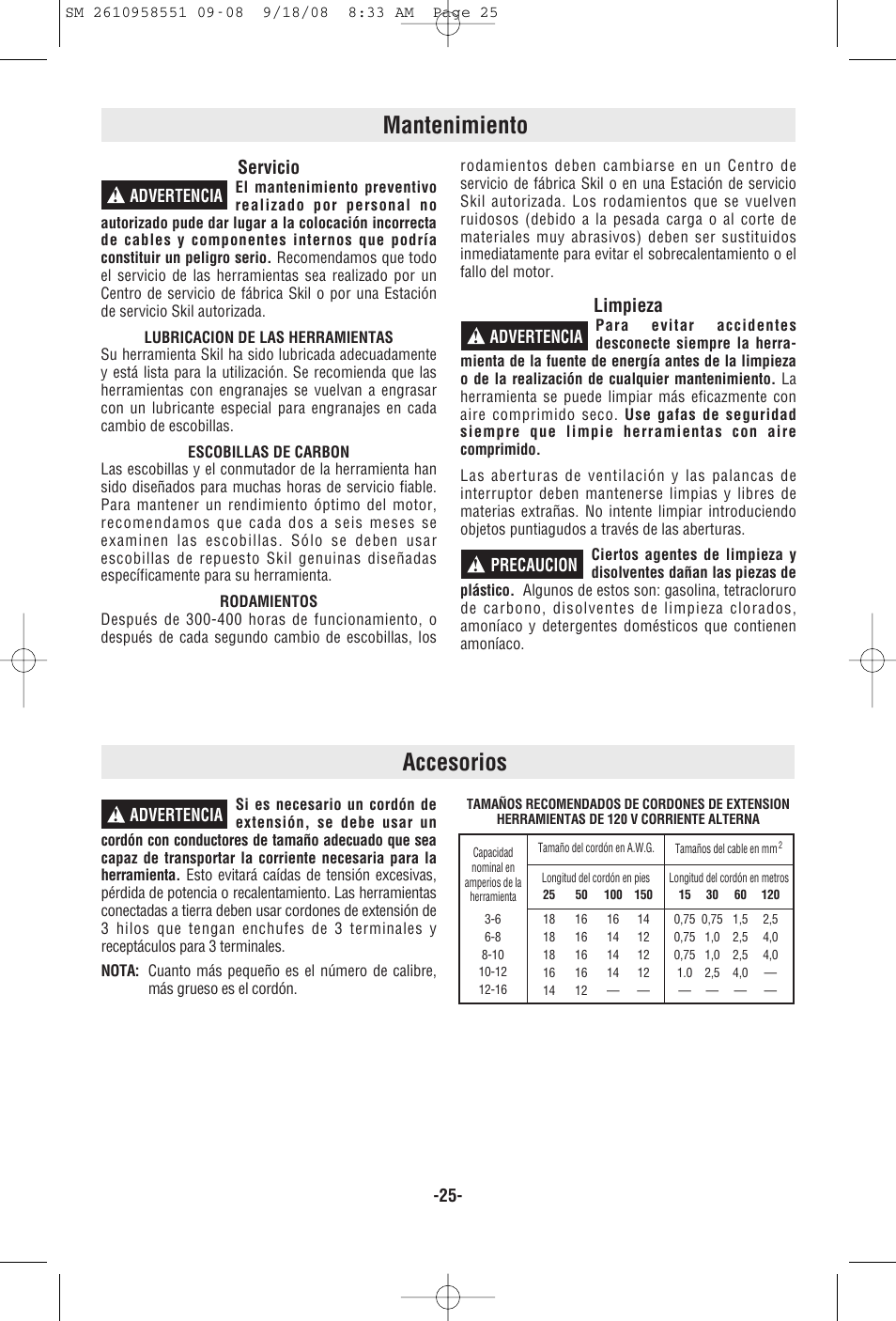 Mantenimiento accesorios, Servicio, Limpieza | Advertencia ! advertencia ! precaucion, Advertencia | Skil 6445 User Manual | Page 25 / 28