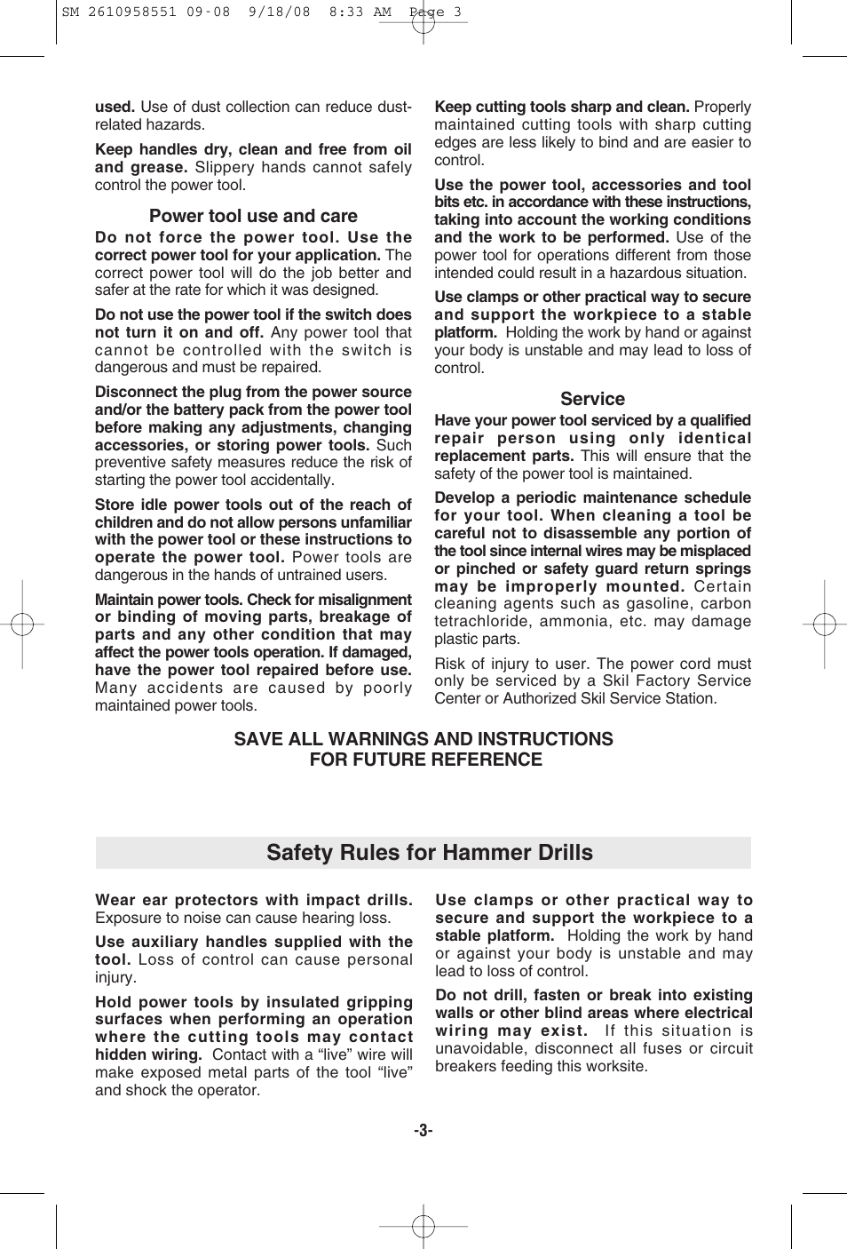 Safety rules for hammer drills | Skil 6445 User Manual | Page 3 / 28