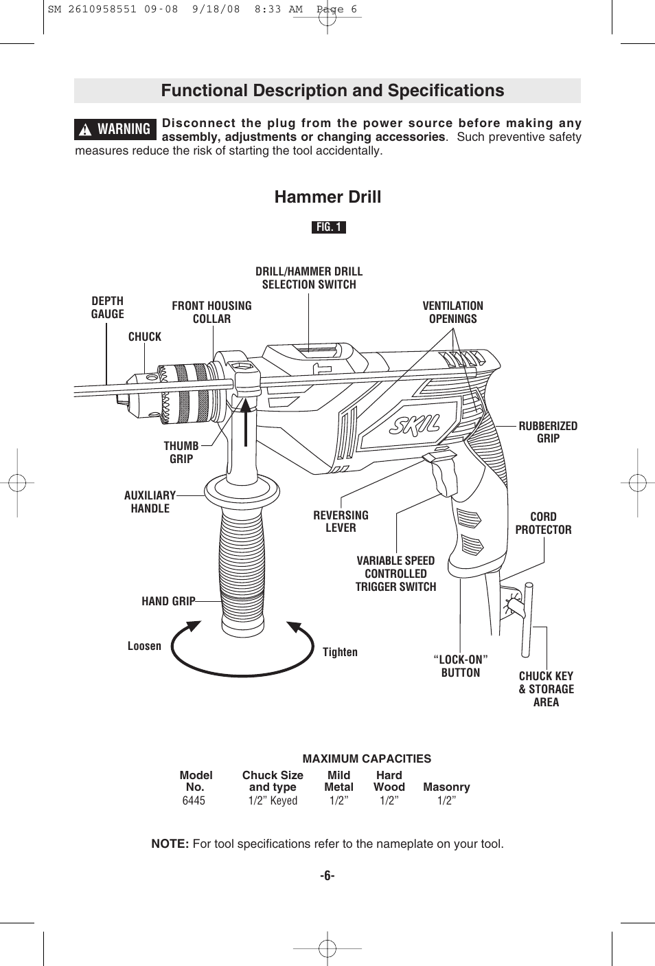 Functional description and specifications, Hammer drill, Warning | Skil 6445 User Manual | Page 6 / 28