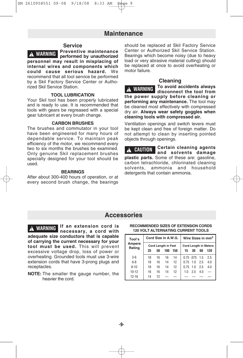 Maintenance accessories, Service, Cleaning | Warning, Caution | Skil 6445 User Manual | Page 9 / 28