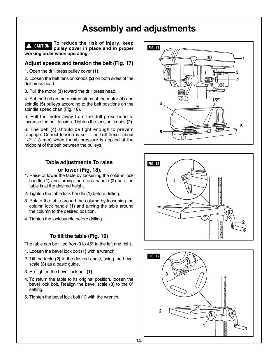 Assembly and adjustments, Adjust speeds and tension the belt (fig. 17), Table adjustments to raise or lower (fig. 18) | Skil 3320-01 User Manual | Page 14 / 60