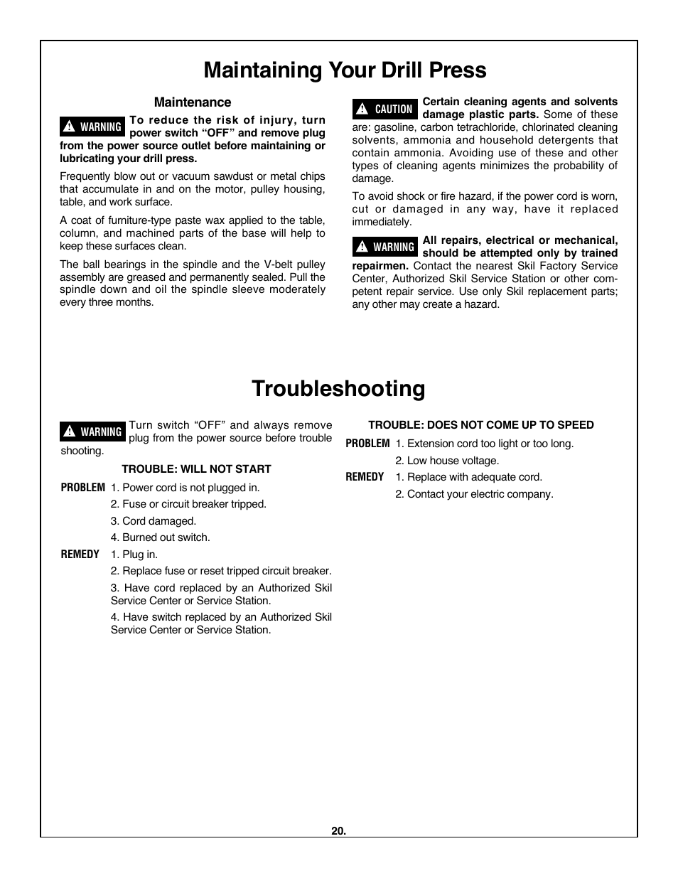 Maintaining your drill press, Troubleshooting | Skil 3320-01 User Manual | Page 20 / 60